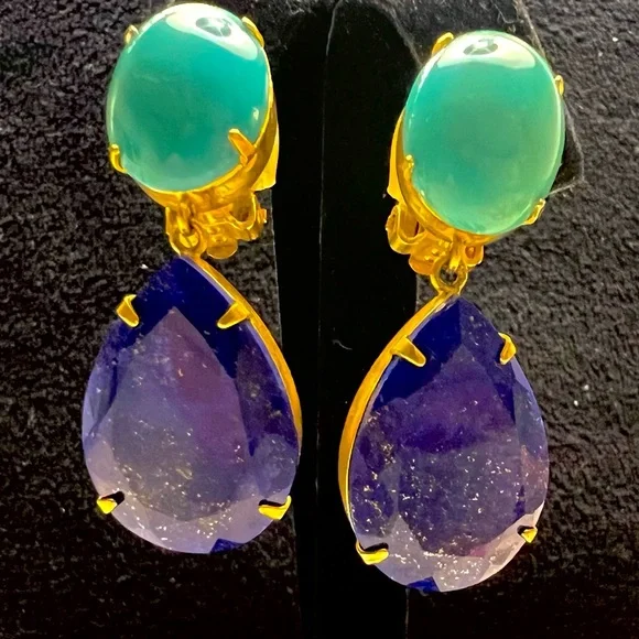 Bounkit Lapis and Turquoise Color Drop Clip-On Earrings - Picture 5 of 6